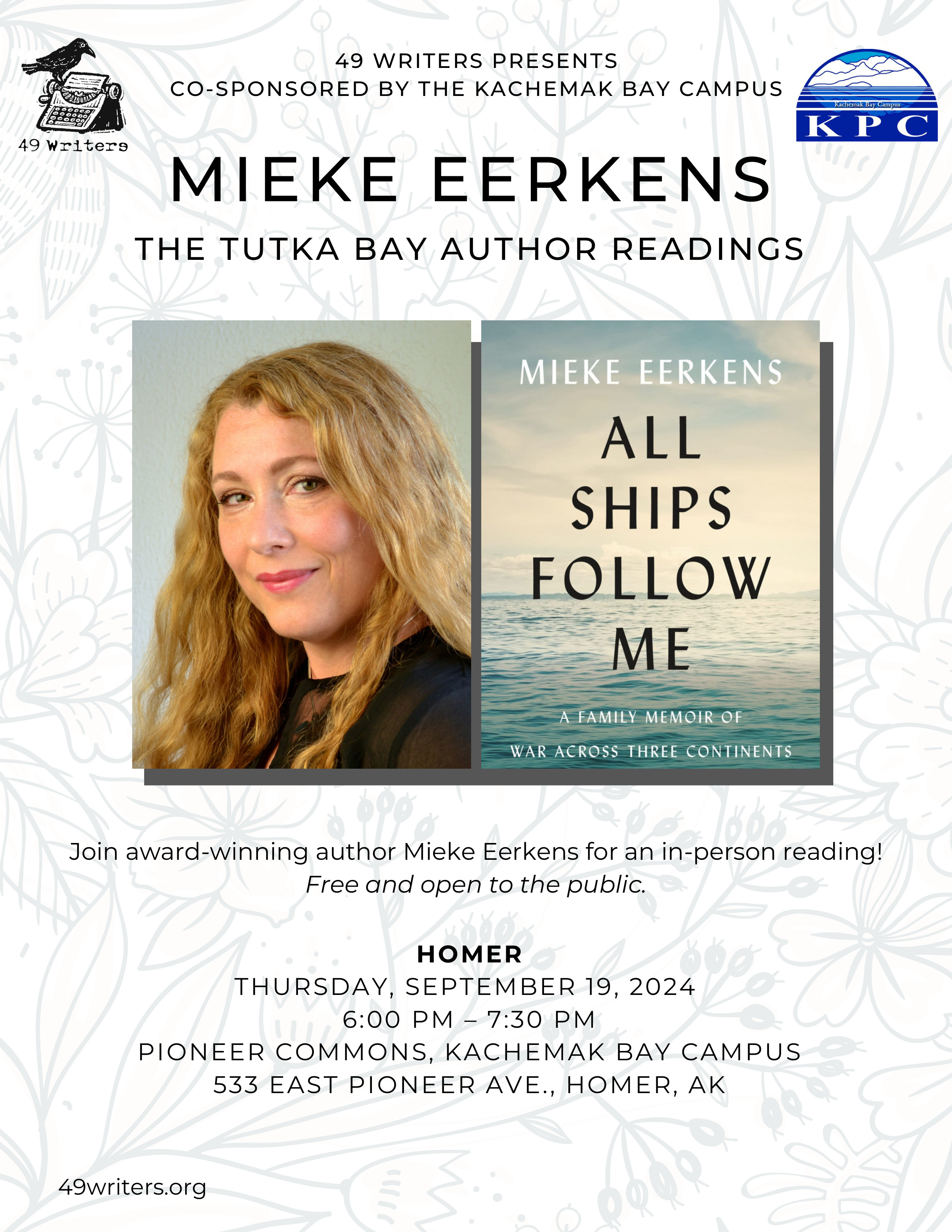 a flyer advertising the Mieke Eerkens reading featuring her face and the cover of her book, All Ships Follow Me.