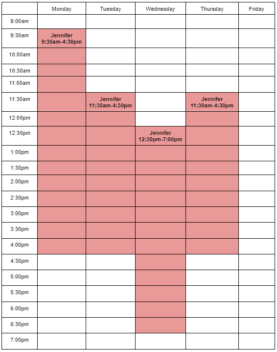 Time table for writing lab showing availability with Jennifer on Monday 9:30am-4:30pm, Tuesday 11:30am-4:30pm, Wednesday 12:30pm-7pm, and Thursday 11:30am-4pm 